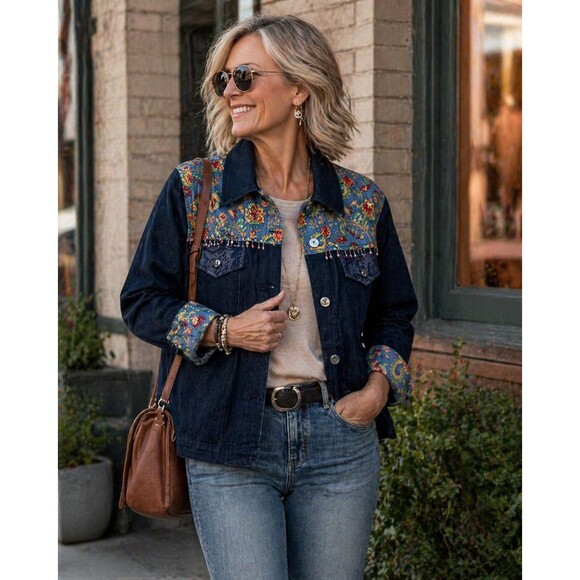 Globe Trotter Jackets & Blazers - Womens Denim Jacket Large Floral Yoke Beaded Embellished Flip Cuff Artsy Boho
